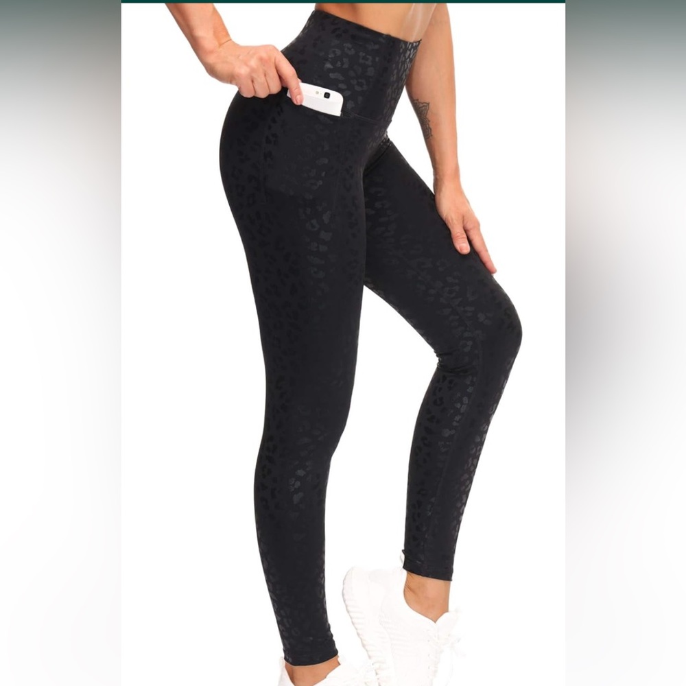 High-waist, black leggings, tone-on-tone animal print, Women’s XL, compression